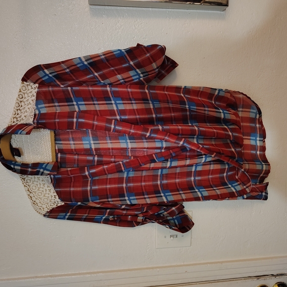 Men's Red Plaid Shirt with Lace Detail - Picture 15 of 16